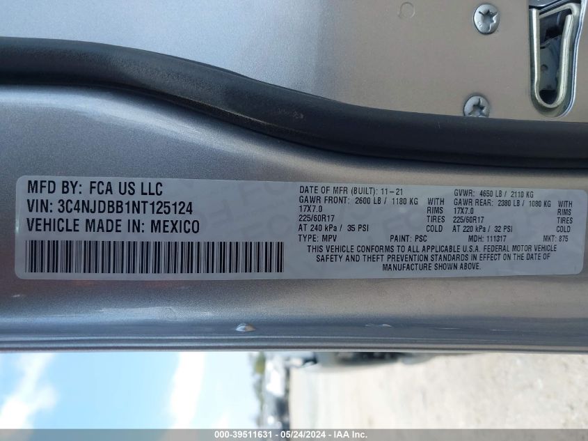 2022 Jeep Compass Latitude 4X4 VIN: 3C4NJDBB1NT125124 Lot: 39511631
