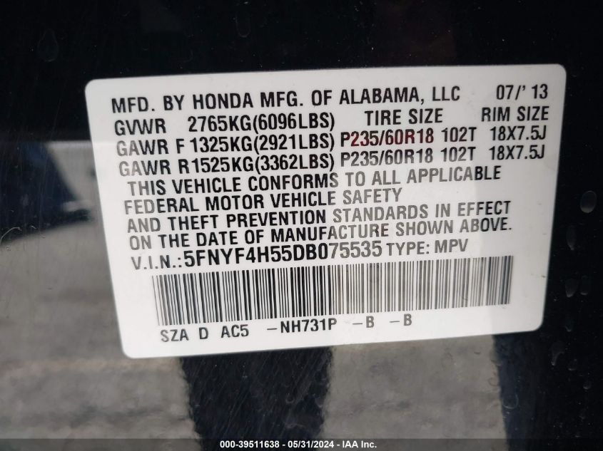 2013 Honda Pilot Ex-L VIN: 5FNYF4H55DB075535 Lot: 39511638