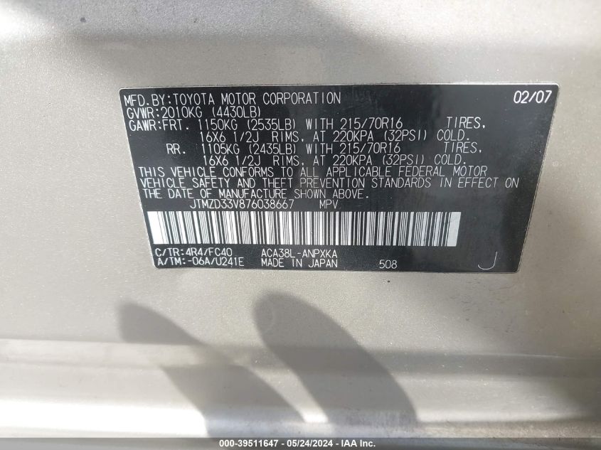 2007 Toyota Rav4 VIN: JTMZD33V876038667 Lot: 39511647