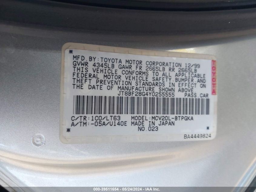 2000 Lexus Es 300 VIN: JT8BF28G4Y0255555 Lot: 39511654