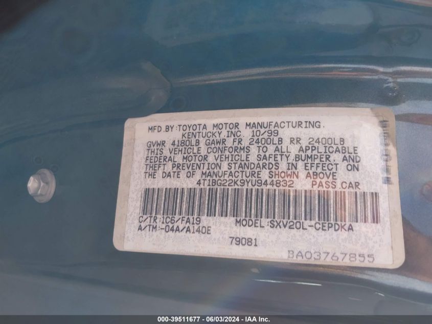 2000 Toyota Camry Ce VIN: 4T1BG22K9YU944832 Lot: 39511677