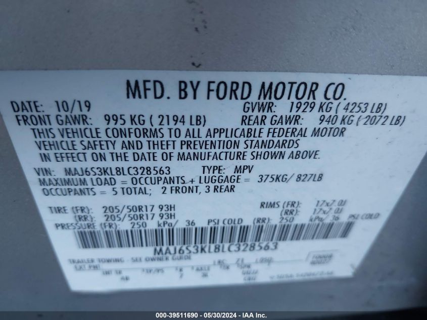 2020 Ford Ecosport Titanium VIN: MAJ6S3KL8LC328563 Lot: 39511690