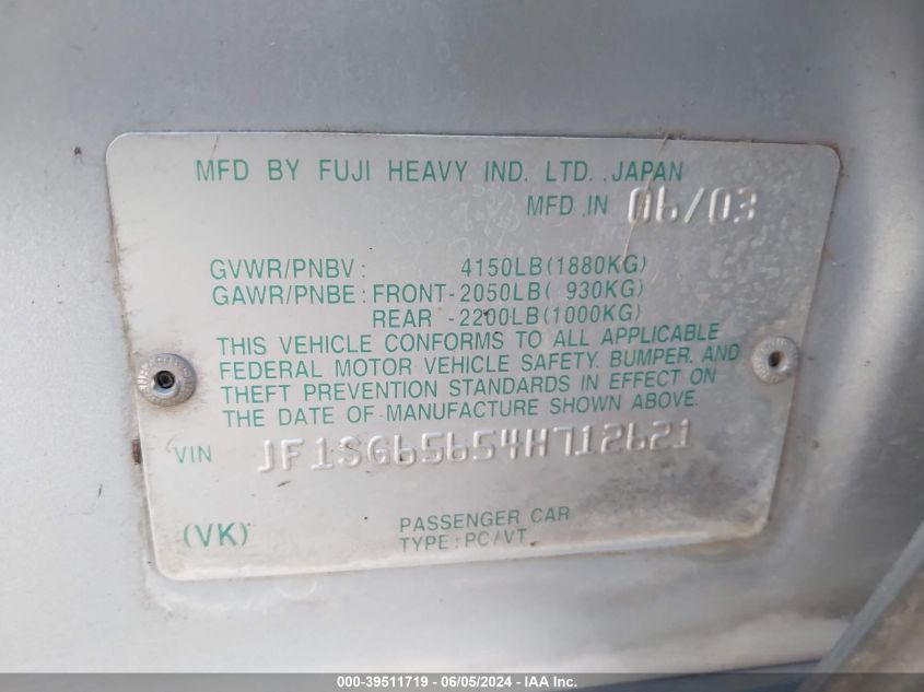 2004 Subaru Forester 2.5Xs VIN: JF1SG65654H712621 Lot: 39511719