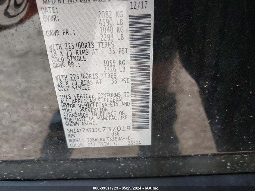 2018 Nissan Rogue Sl VIN: 5N1AT2MT1JC737019 Lot: 39511723