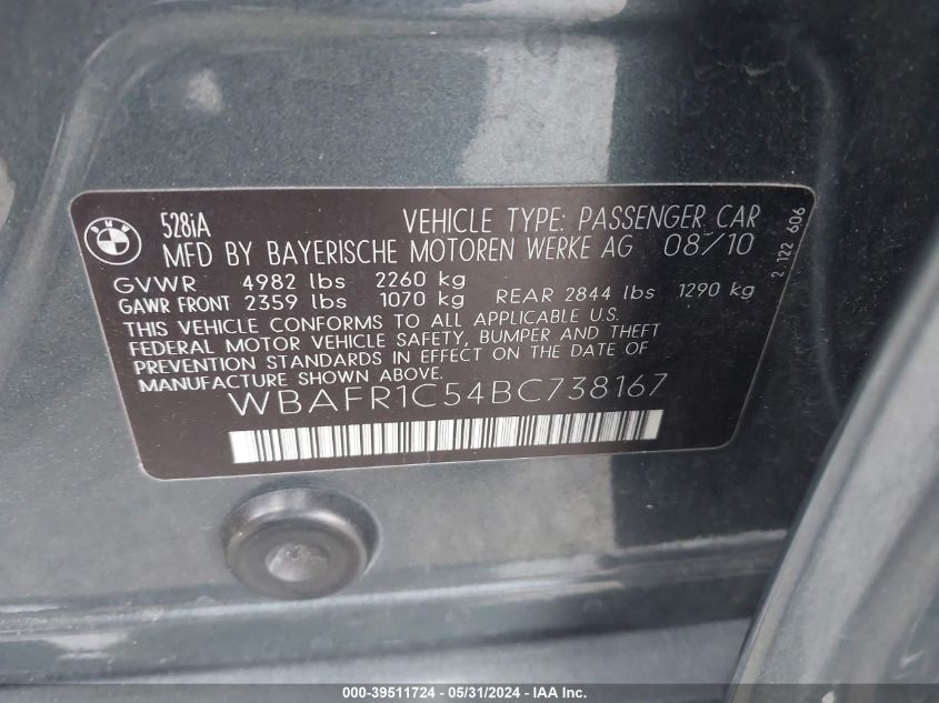 2011 BMW 528I VIN: WBAFR1C54BC738167 Lot: 39511724