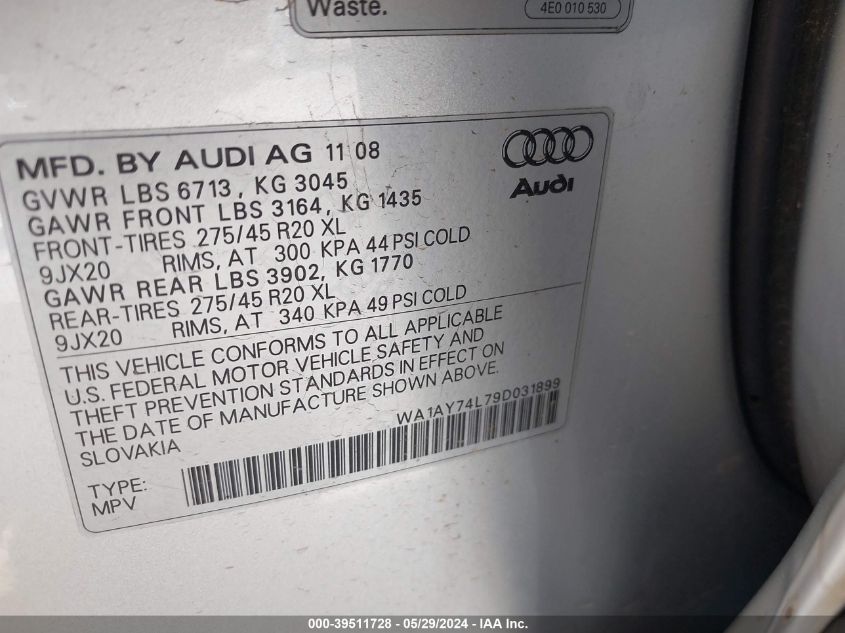 2009 Audi Q7 3.6 Premium VIN: WA1AY74L79D031899 Lot: 39511728