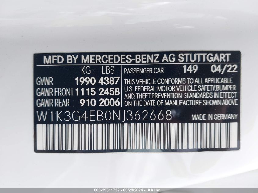 2022 Mercedes-Benz A 220 VIN: W1K3G4EB0NJ362668 Lot: 39511732