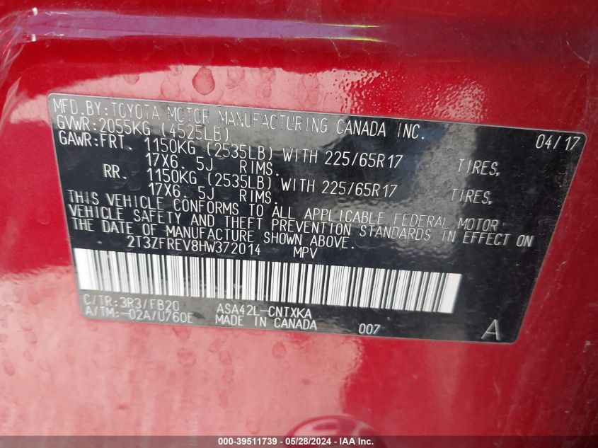 2017 Toyota Rav4 Le VIN: 2T3ZFREV8HW372014 Lot: 39511739