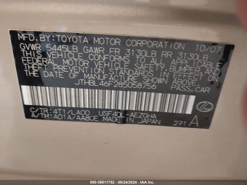 2008 Lexus Ls 460 VIN: JTHBL46F285058756 Lot: 39511752