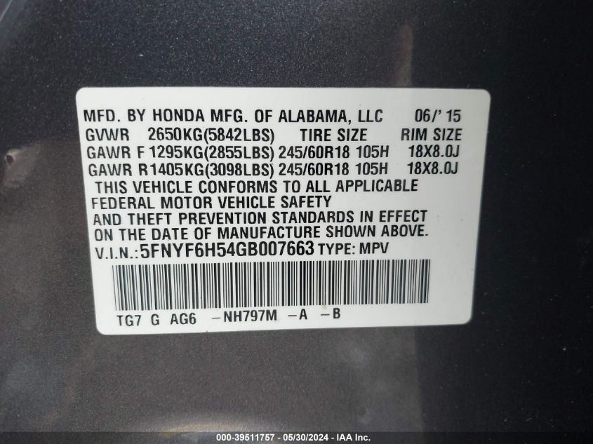 5FNYF6H54GB007663 2016 Honda Pilot Ex-L