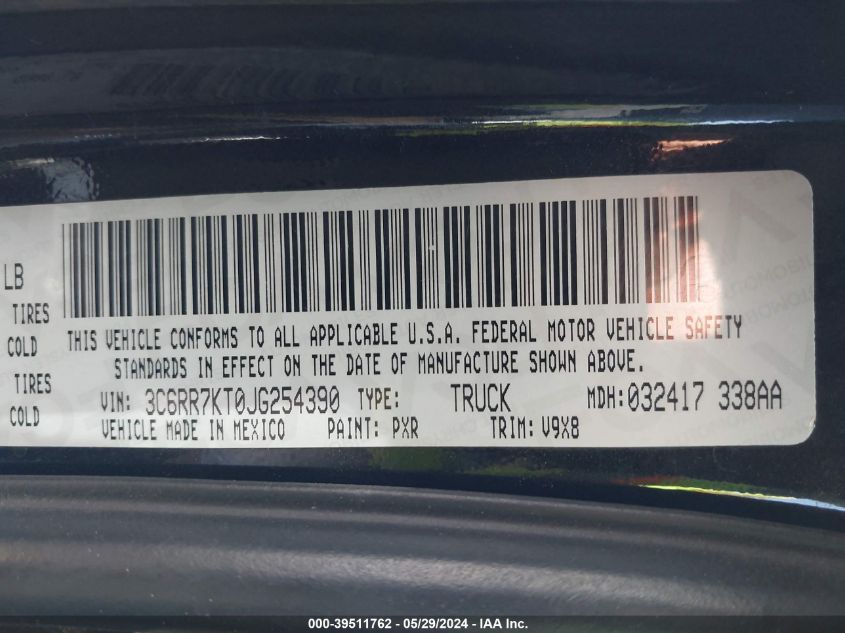 2018 Ram 1500 Express 4X4 5'7 Box VIN: 3C6RR7KT0JG254390 Lot: 39511762