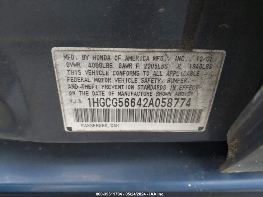 1HGCG56642A058774 | 2002 HONDA ACCORD