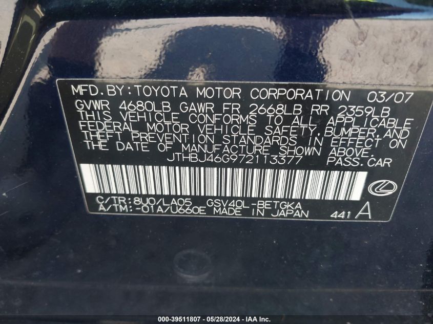 2007 Lexus Es 350 VIN: JTHBJ46G972113377 Lot: 39511807