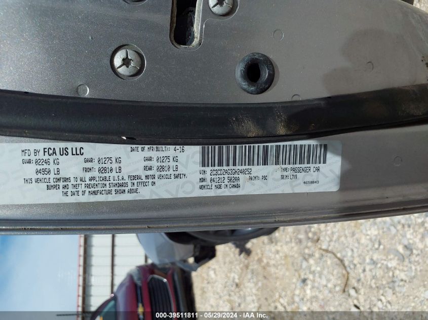 2016 Dodge Challenger Sxt VIN: 2C3CDZAG3GH240252 Lot: 39511811