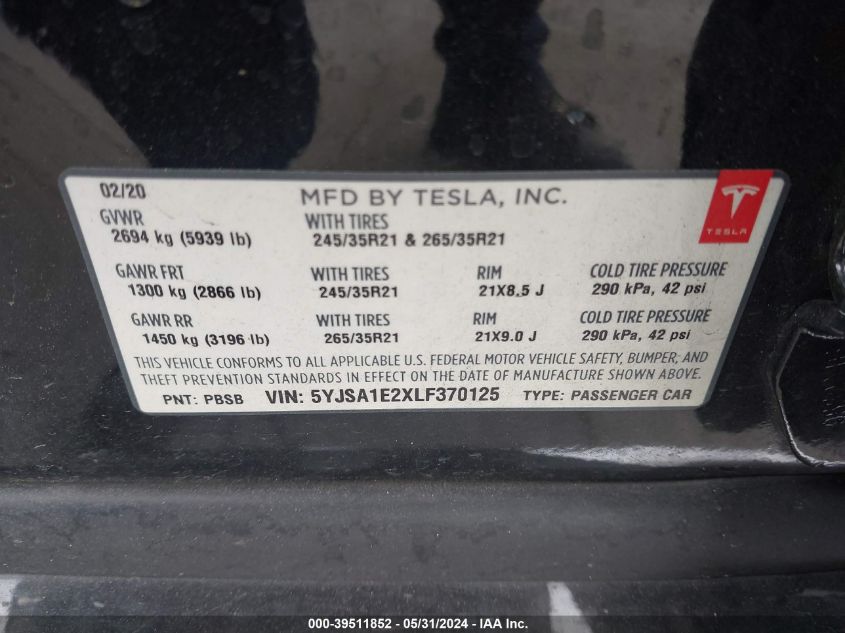 2020 Tesla Model S Long Range Dual Motor All-Wheel Drive/Long Range Plus Dual Motor All-Wheel Drive VIN: 5YJSA1E2XLF370125 Lot: 39511852