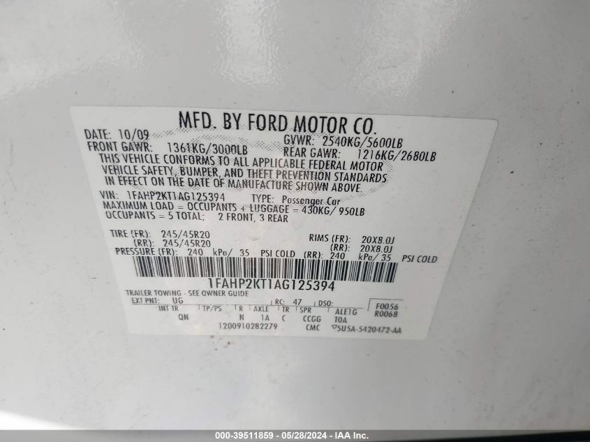 2010 Ford Taurus Sho VIN: 1FAHP2KT1AG125394 Lot: 39511859