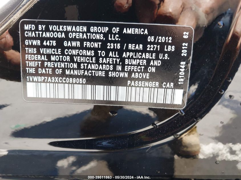 2012 Volkswagen Passat 2.5L Se VIN: 1VWBP7A3XCC089050 Lot: 39511863