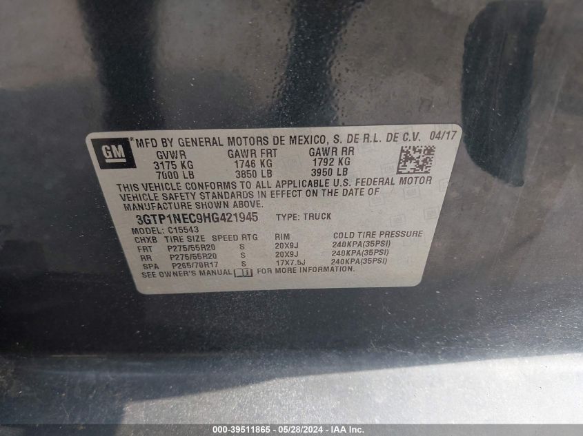 2017 GMC Sierra 1500 Slt VIN: 3GTP1NEC9HG421945 Lot: 39511865