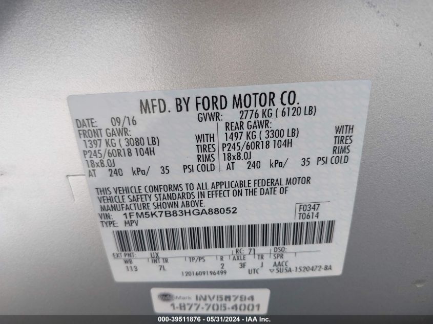 2017 Ford Explorer VIN: 1FM5K7B83HGA88052 Lot: 39511876