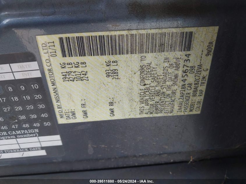 2011 Nissan Altima 2.5 S VIN: 1N4AL2AP1BN456734 Lot: 39511880