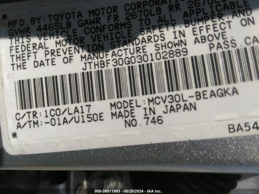 2003 Lexus Es 300 VIN: JTHBF30G030102889 Lot: 39511893