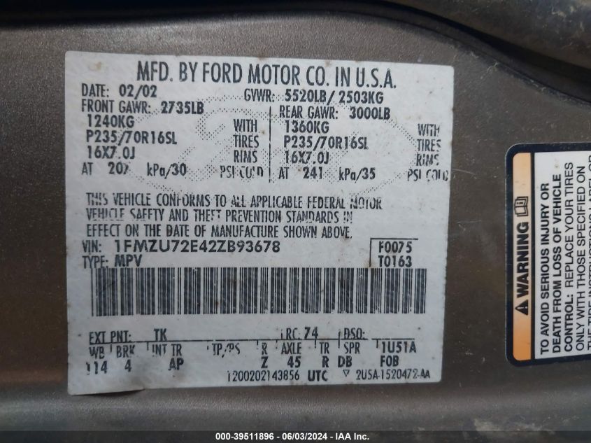 2002 Ford Explorer Xls VIN: 1FMZU72E42ZB93678 Lot: 39511896