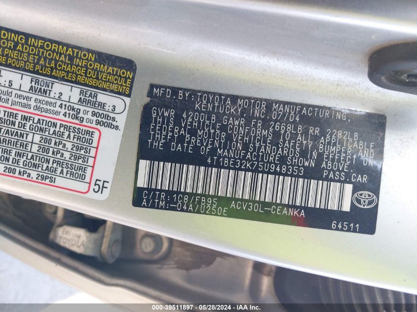 2005 Toyota Camry Le VIN: 4T1BE32K75U948353 Lot: 39511897