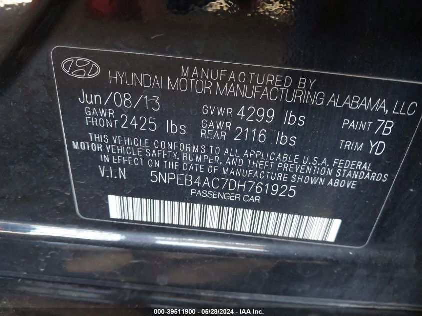 2013 HYUNDAI SONATA GLS - 5NPEB4AC7DH761925