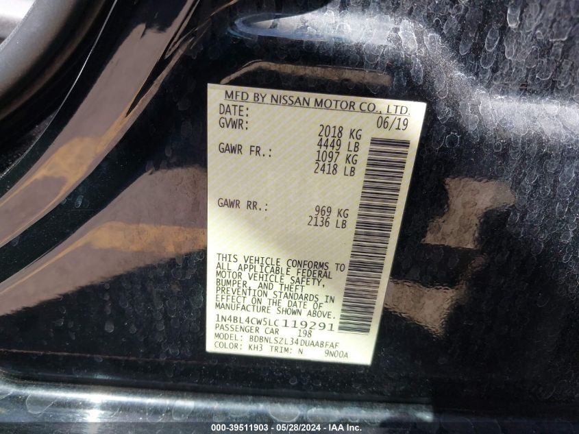 2020 Nissan Altima Sr Intelligent Awd VIN: 1N4BL4CW5LC119291 Lot: 39511903