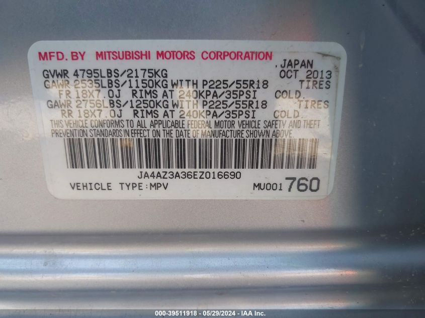 2014 Mitsubishi Outlander Se VIN: JA4AZ3A36EZ016690 Lot: 39511918