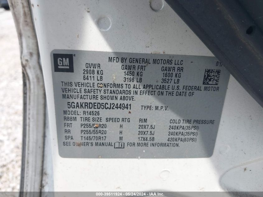 2012 Buick Enclave Premium VIN: 5GAKRDED5CJ244941 Lot: 39511924