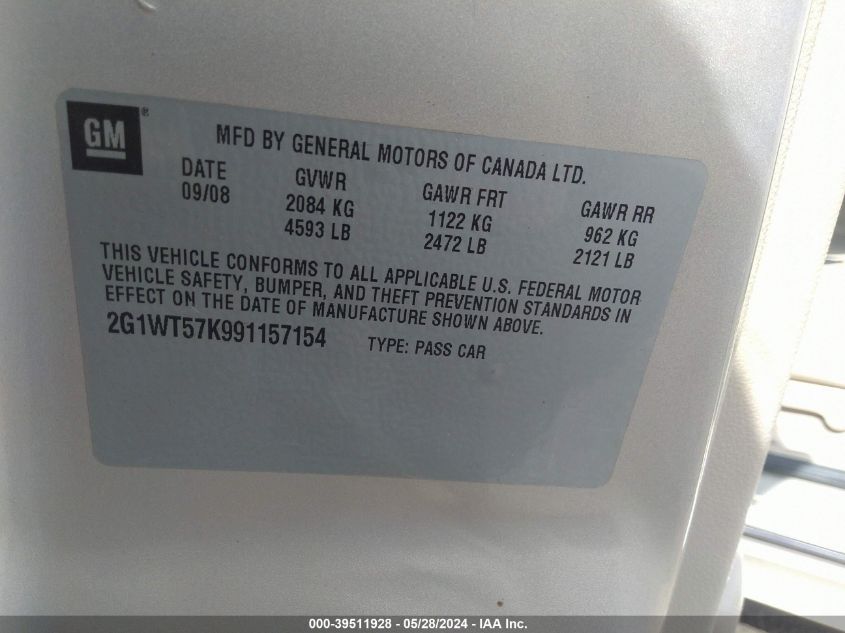 2009 Chevrolet Impala Lt VIN: 2G1WT57K991157154 Lot: 39511928