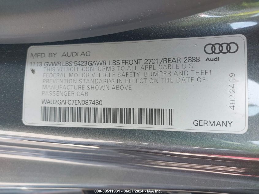 2014 Audi A7 3.0T Premium Plus VIN: WAU2GAFC7EN087480 Lot: 39511931