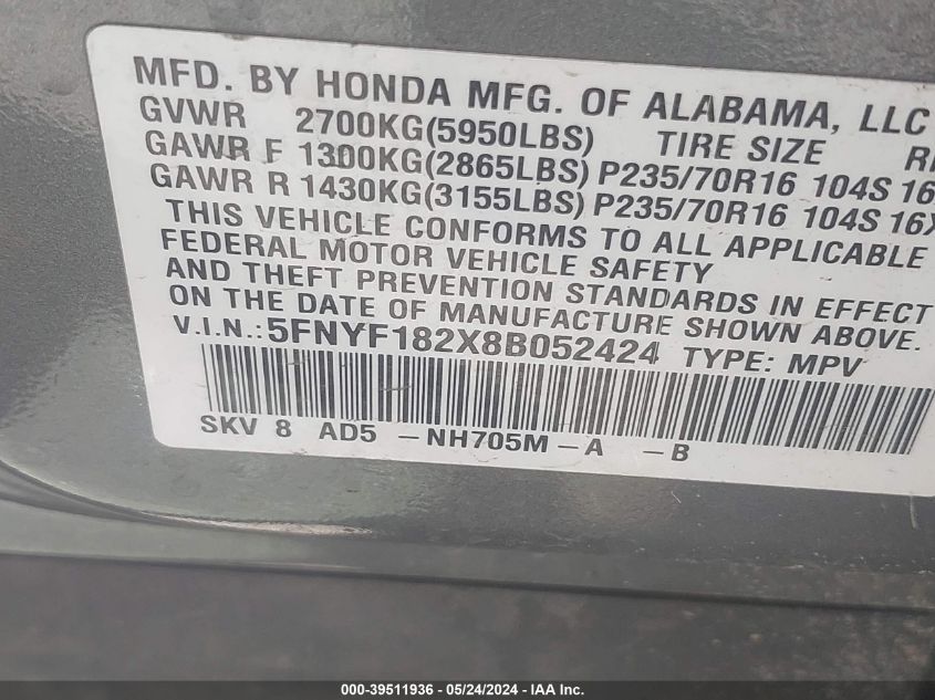 2008 Honda Pilot Vp VIN: 5FNYF182X8B052424 Lot: 39511936