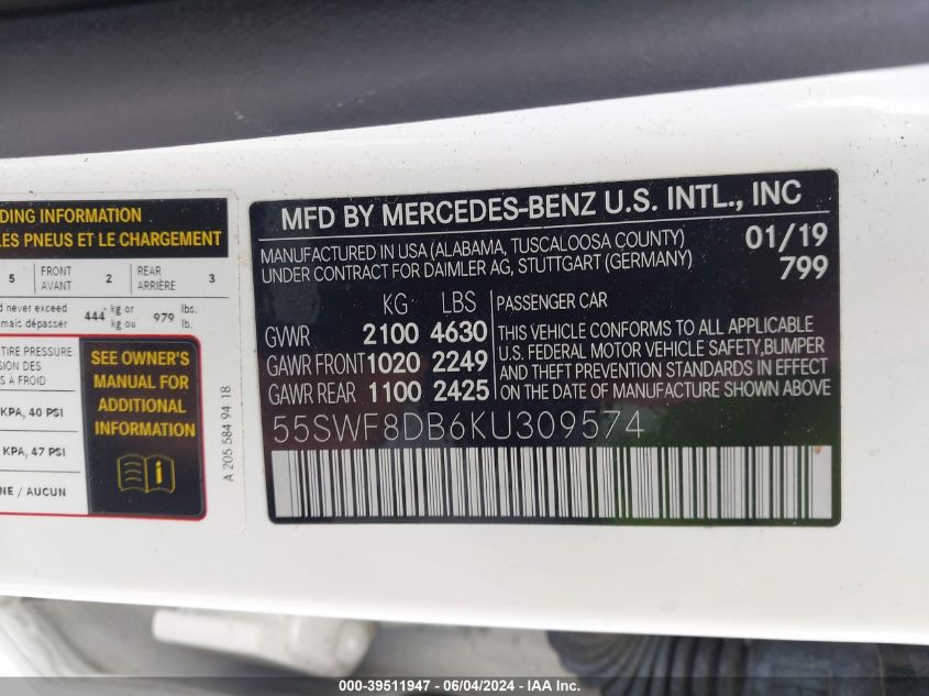 2019 Mercedes-Benz C 300 VIN: 55SWF8DB6KU309574 Lot: 39511947