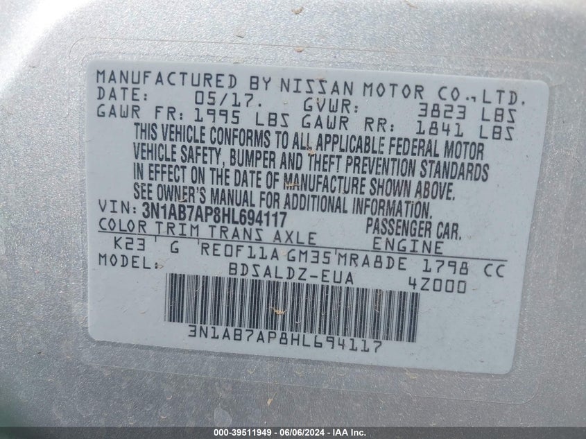 2017 Nissan Sentra Sv VIN: 3N1AB7AP8HL694117 Lot: 39511949