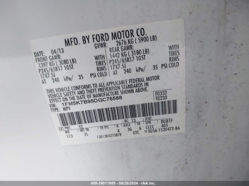 2013 Ford Explorer VIN: 1FM5K7B95DGC76588 Lot: 39511955