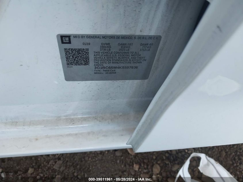2019 Chevrolet Cruze Ls VIN: 3G1BC6SM4KS597936 Lot: 39511961