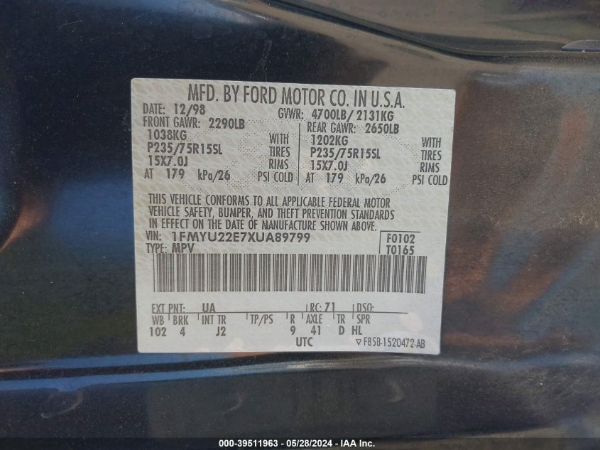 1999 Ford Explorer VIN: 1FMYU22E7XUA89799 Lot: 39511963