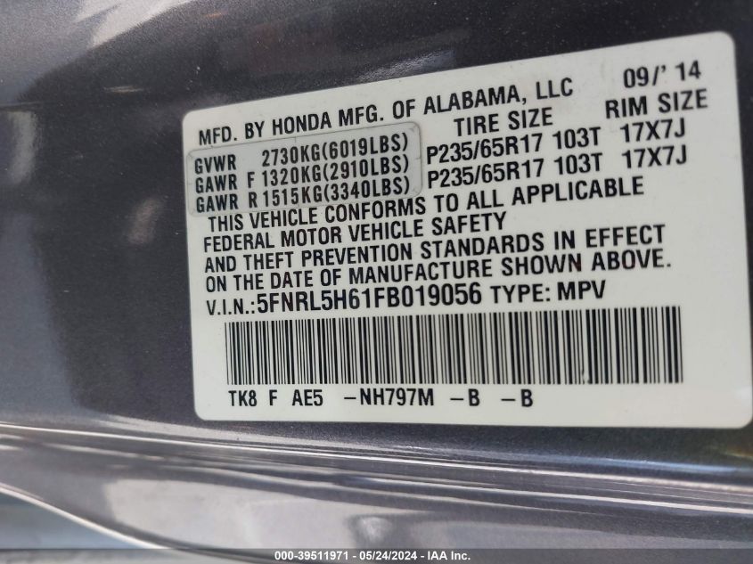 2015 Honda Odyssey Ex-L VIN: 5FNRL5H61FB019056 Lot: 39511971