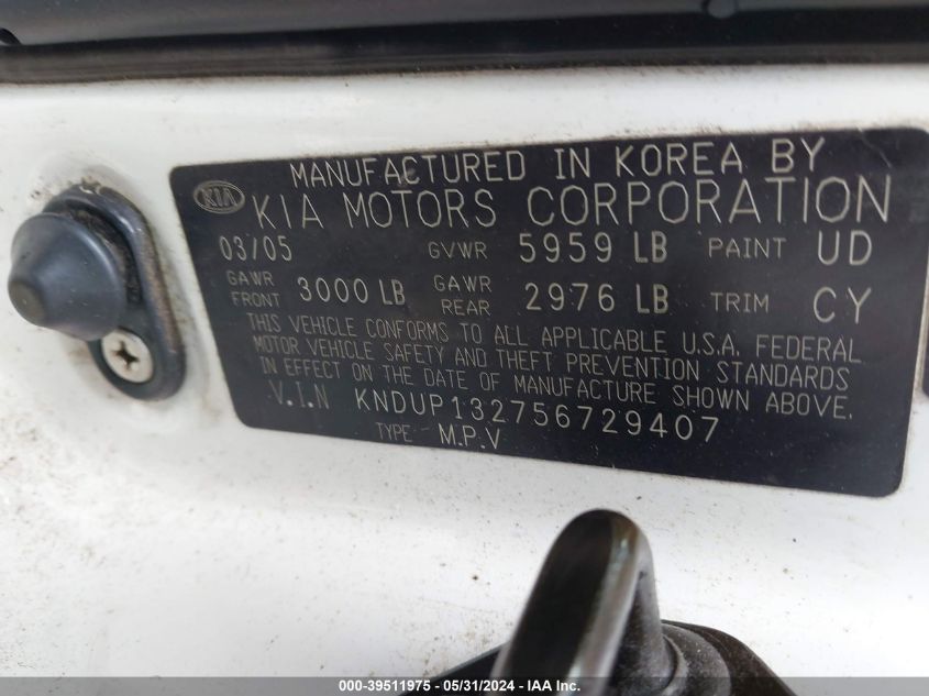 2005 Kia Sedona Ex/Lx VIN: KNDUP132756729407 Lot: 39511975