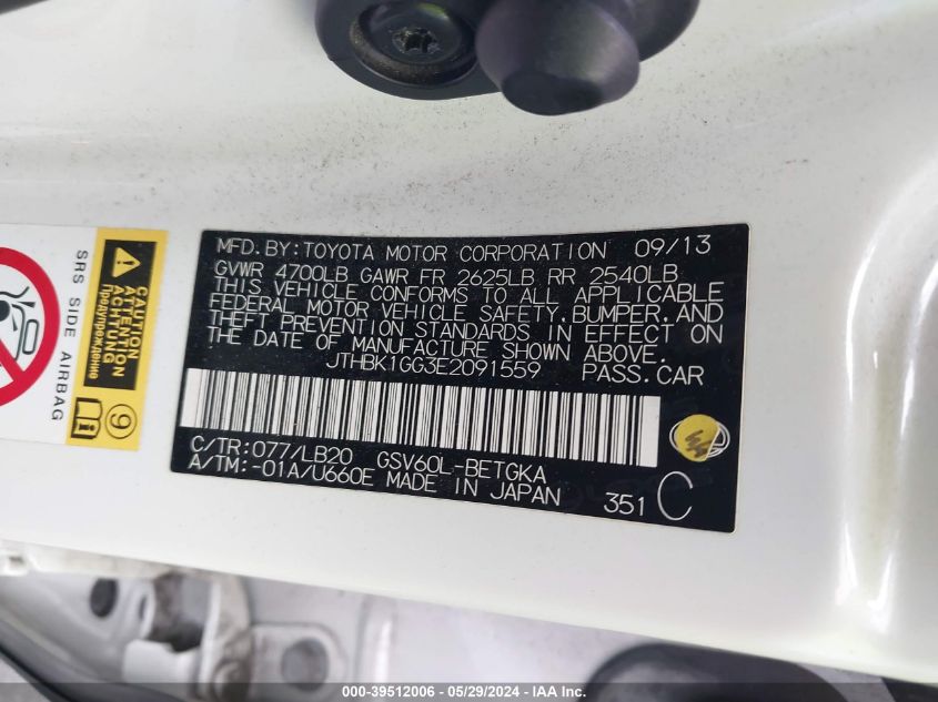 2014 Lexus Es 350 VIN: JTHBK1GG3E2091559 Lot: 39512006