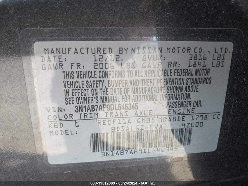 2013 Nissan Sentra Sl VIN: 3N1AB7AP9DL646345 Lot: 39512009