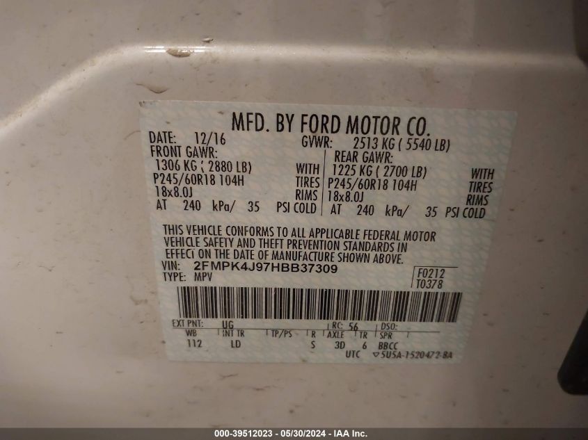 2017 Ford Edge Sel VIN: 2FMPK4J97HBB37309 Lot: 39512023