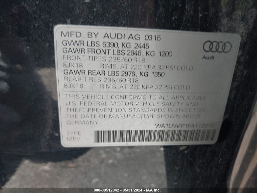 2015 Audi Q5 2.0T Premium VIN: WA1LFAFP1FA112910 Lot: 39512042