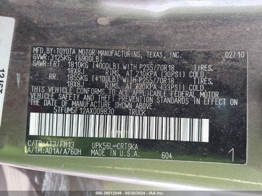 2010 Toyota Tundra Grade 4.6L V8 VIN: 5TFUM5F12AX009830 Lot: 39512049