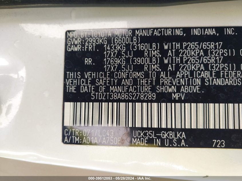 2006 Toyota Sequoia Limited V8 VIN: 5TDZT38A86S278289 Lot: 39512053