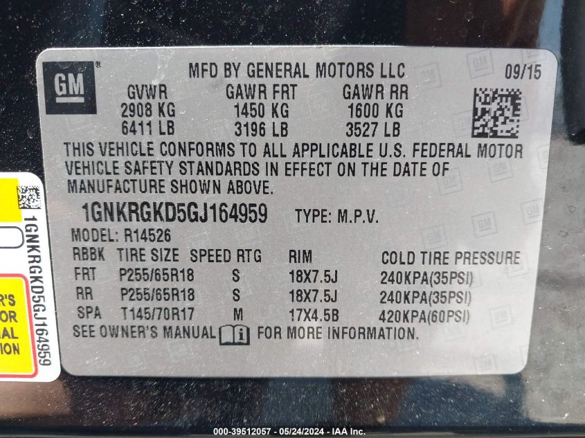 2016 Chevrolet Traverse 1Lt VIN: 1GNKRGKD5GJ164959 Lot: 39512057