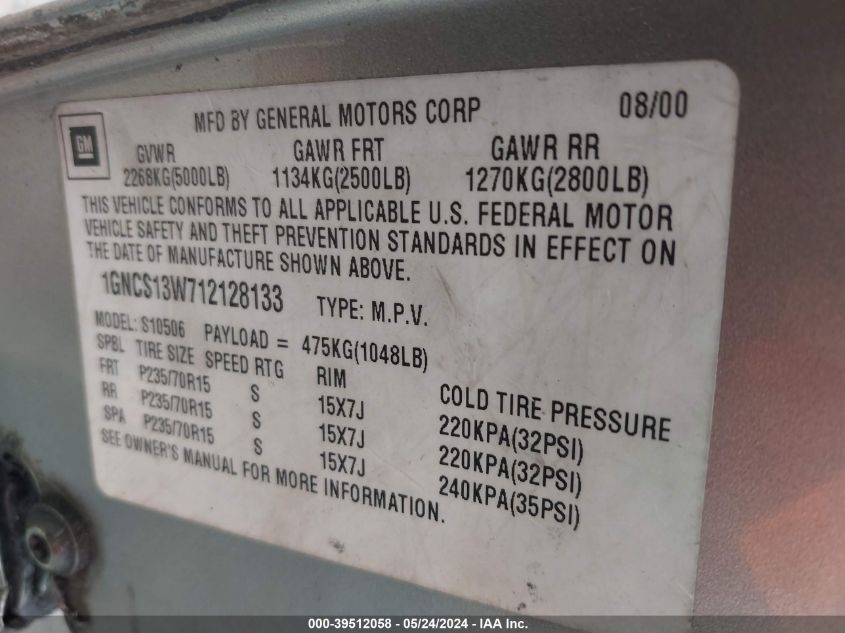 2001 Chevrolet Blazer Ls VIN: 1GNCS13W712128133 Lot: 39512058