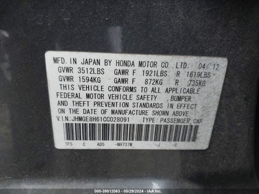 2012 Honda Fit Sport VIN: JHMGE8H61CC028091 Lot: 39512063